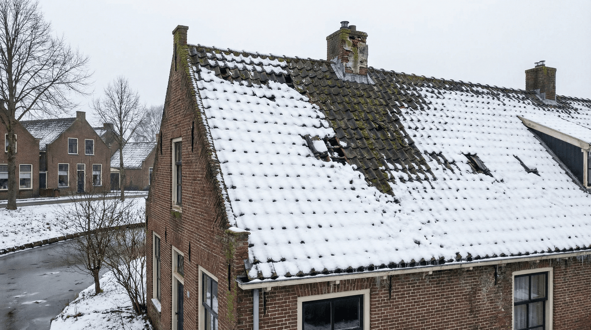 Dak met sneeuw dat aan renovatie toe is