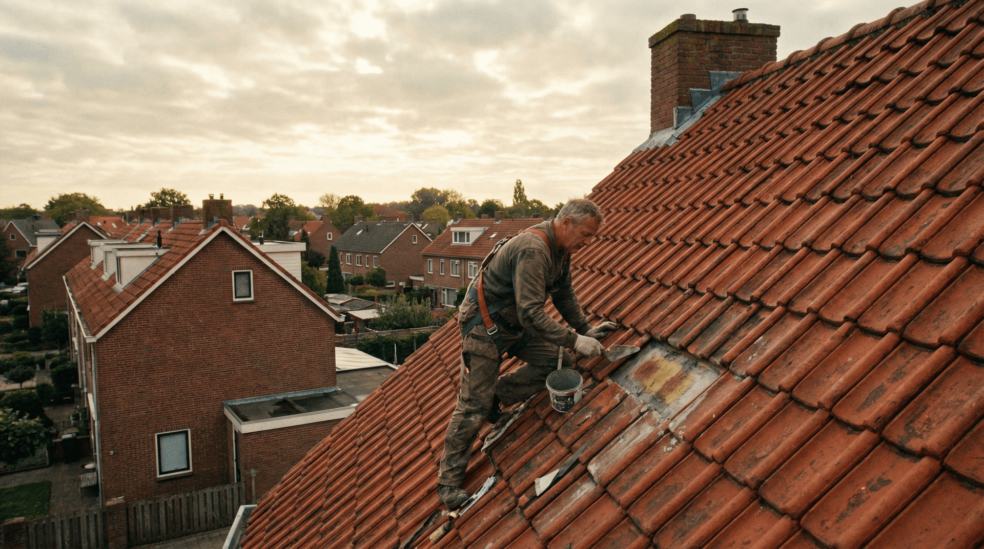 Dakdekker repareert daklekkage op een woning