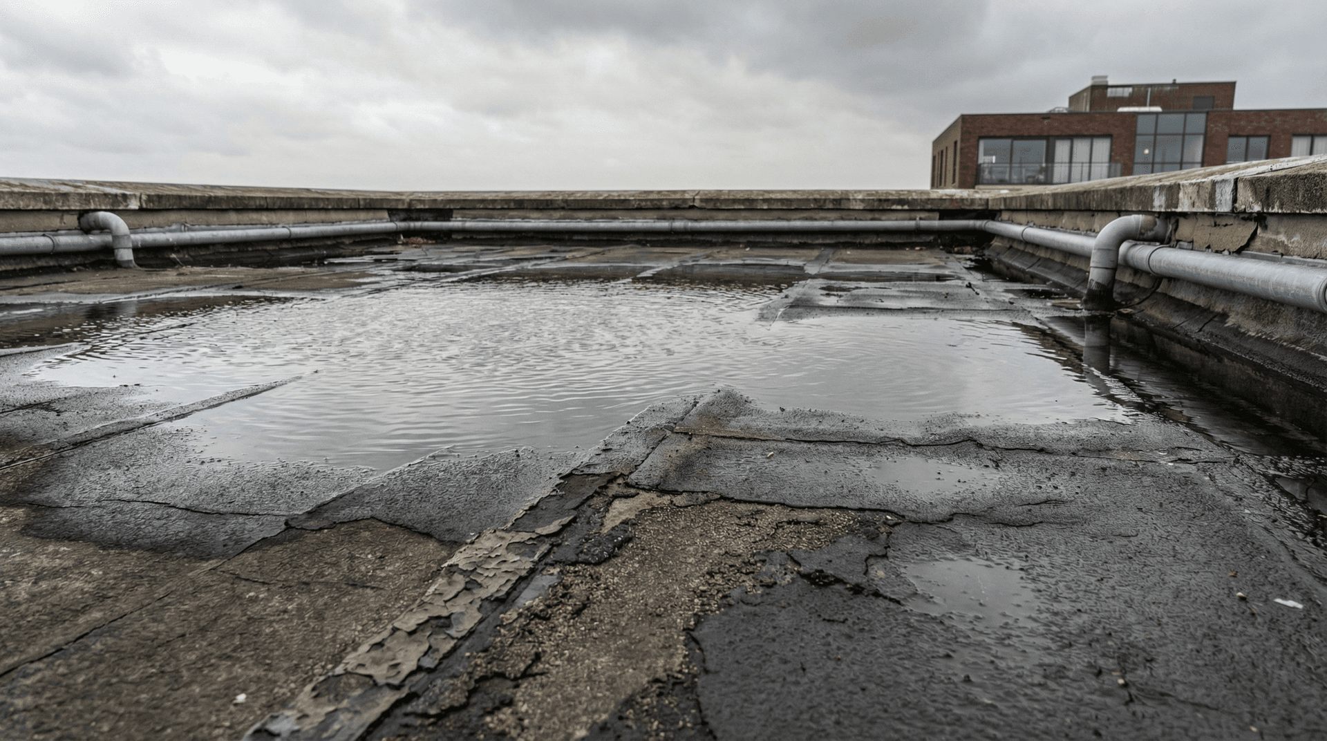 Plat dak met zichtbare lekkage en waterschade