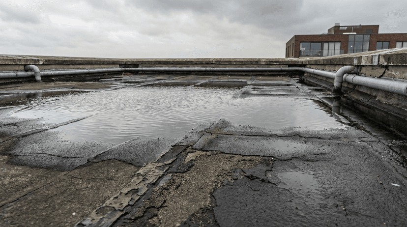 Plat dak met zichtbare lekkage en waterschade